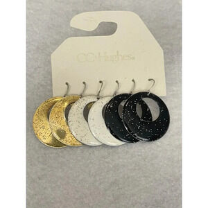 Vintage VTG CC Hughes Dangle Earrings 3 Pairs Gold Tone White Black Glitter